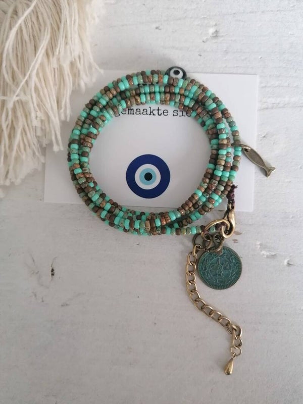 Wikkelarmband in bruin-turquoise-mint tinten