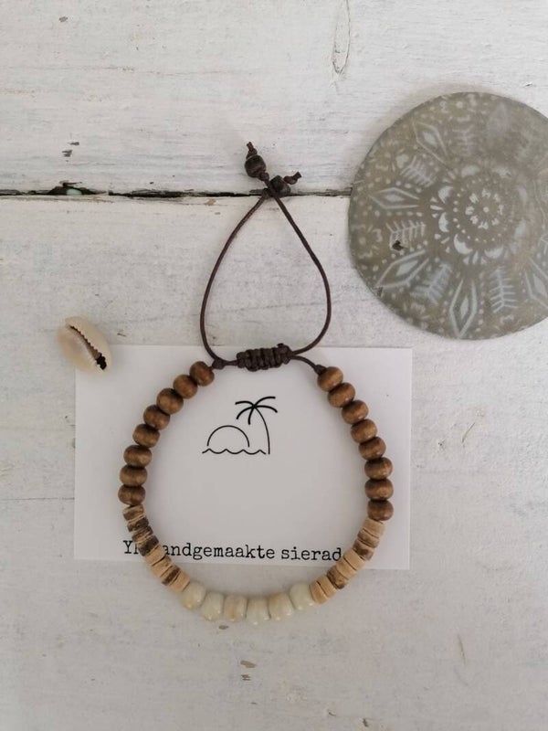 combi armband, hout, kokos en keramiek kraal