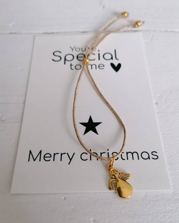 Elastisch armbandje, glitter goud met engeltje
