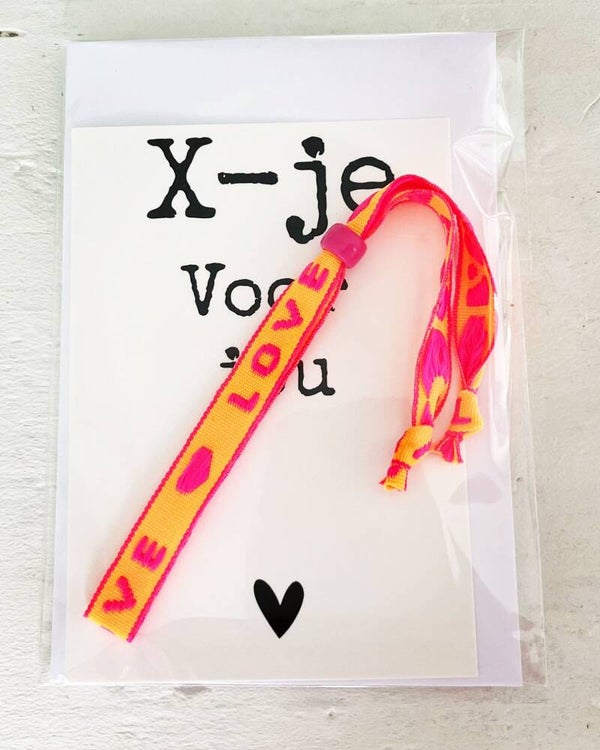Kaartje met lint armbandje oranje-roze