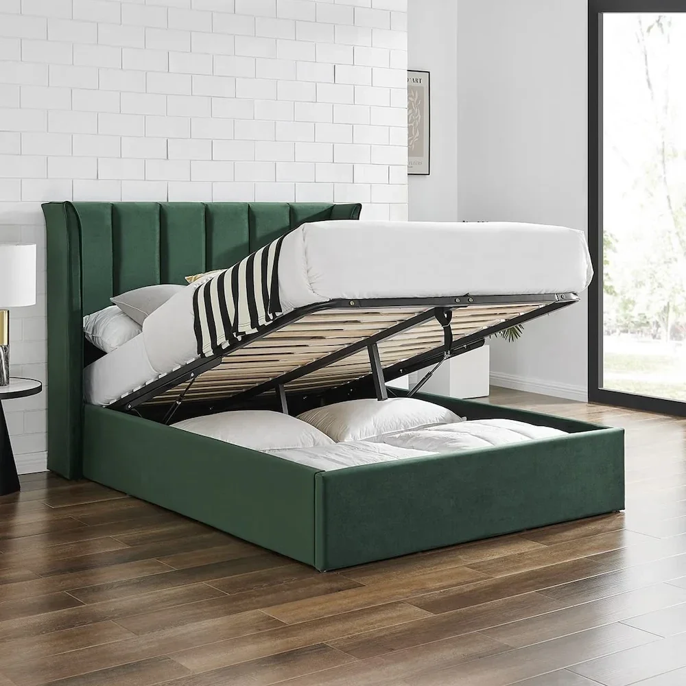 Polaris Wing Headboard Ottoman Bed - Double - Emerald
