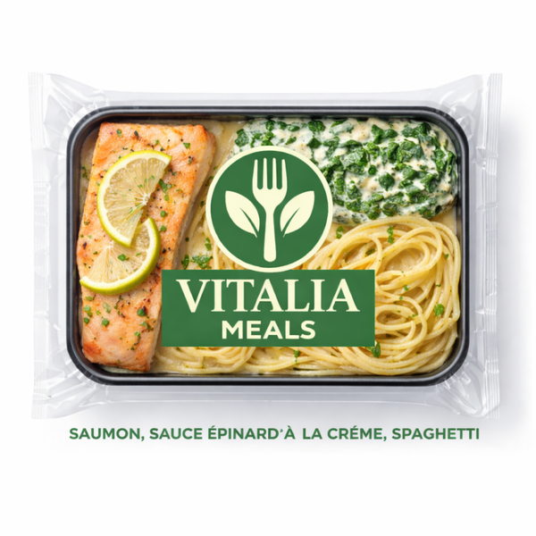Saumon, sauce épinards à la crème, spaghetti