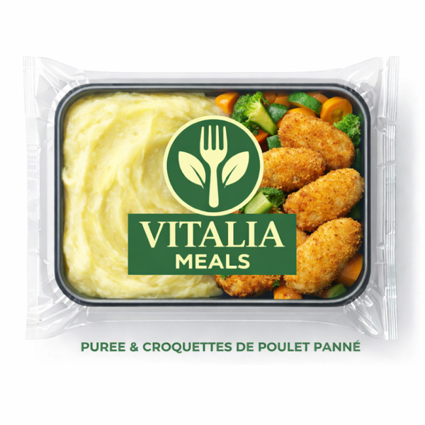 Purée & croquettes de poulet pané avec trempette au fromage