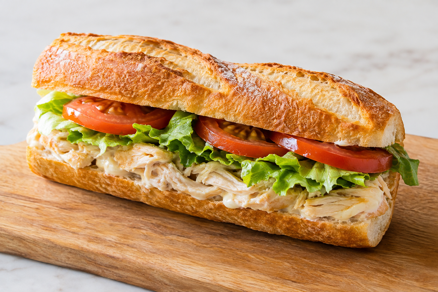 Baguette froide au poulet crémeux, laitue et tomate