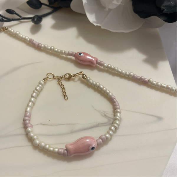 Fish Pink Beads Bracelet l Golden