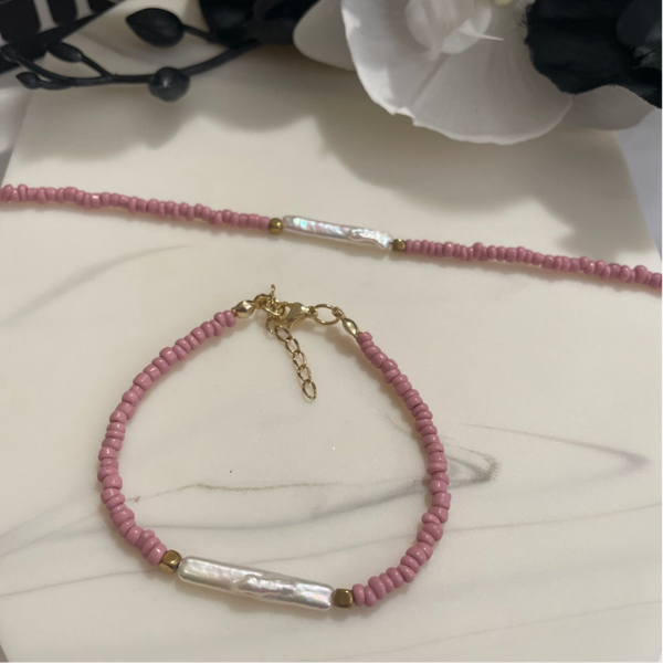 Terra Pearl White & Pink Stone Bracelet l Golden