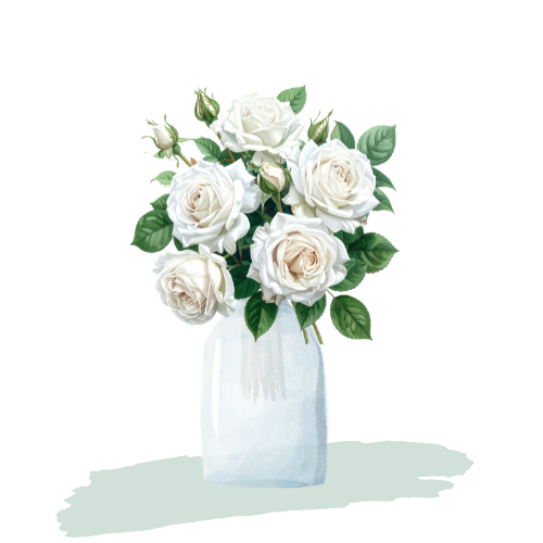 boeket witte rozen met vaas