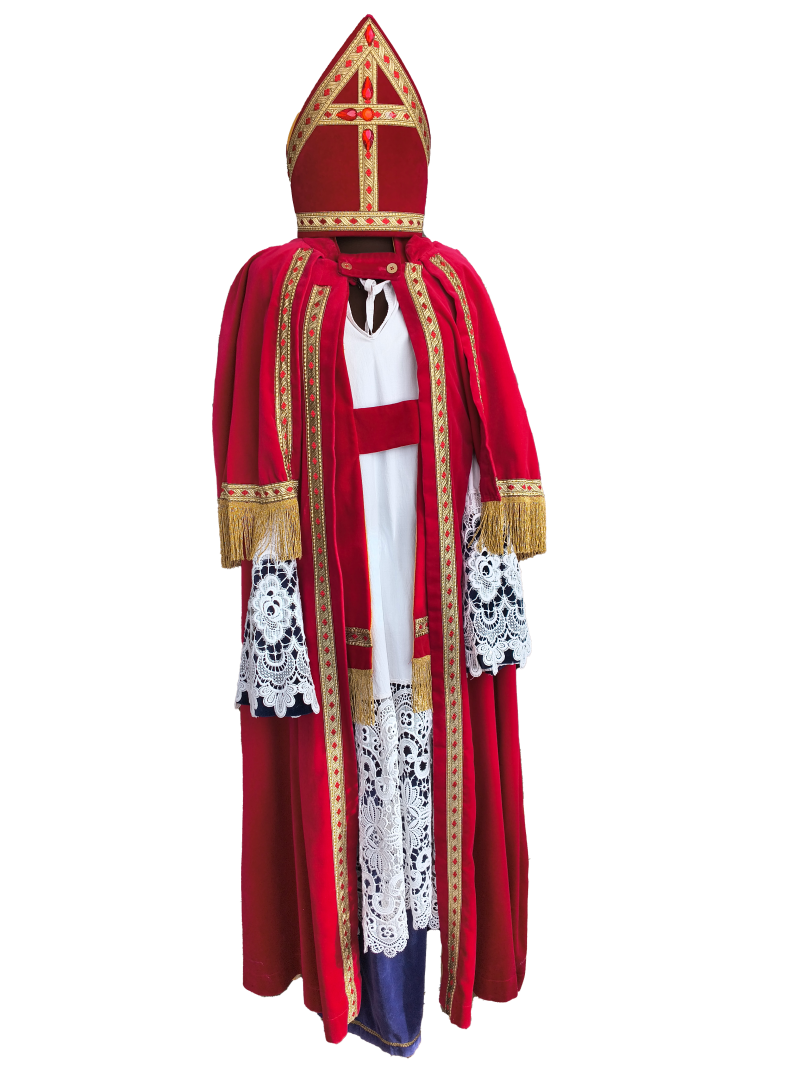 Prachtig handgemaakt Sinterklaaskostuum van fluweel. Compleet met mijter, staf, mantel, witte jurk, paarse onderrok