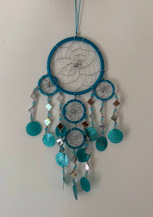 Dromenvanger met schelpen en spiegelglas Turquoise