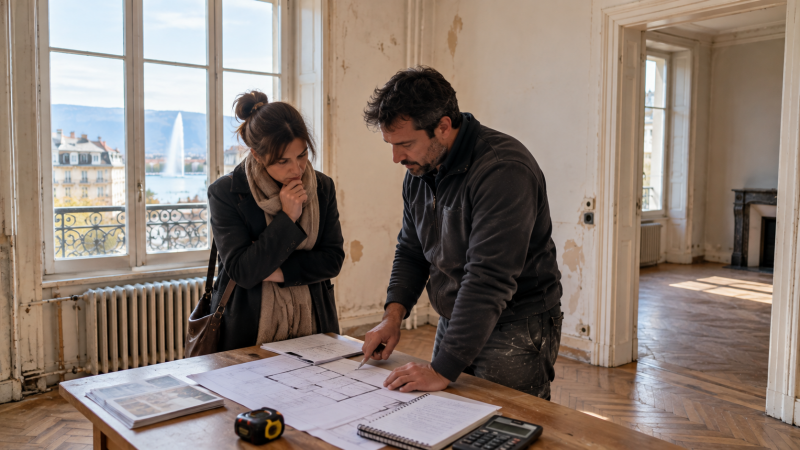 Visite d’un appartement ancien à Genève avec estimation des travaux avant achat.