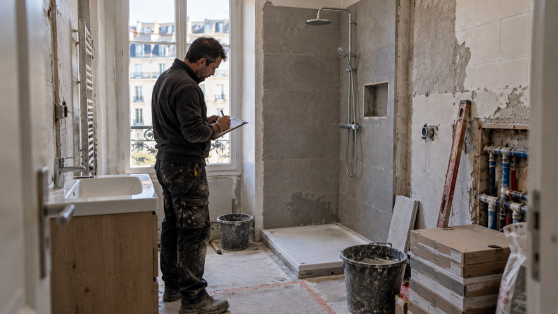 Salle de bain en cours de rénovation avec plomberie, douche et carrelage à Genève.