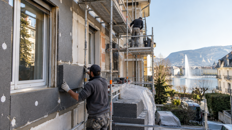 Travaux d’isolation énergétique sur un immeuble résidentiel à Genève.