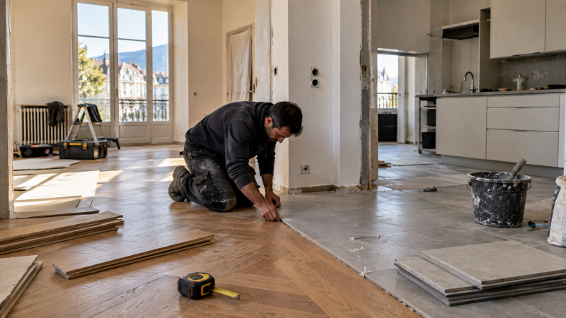 Pose de parquet et de carrelage dans un appartement en rénovation.