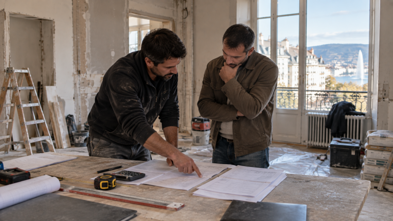 Comparaison de devis et de plans sur un chantier de rénovation à Genève.