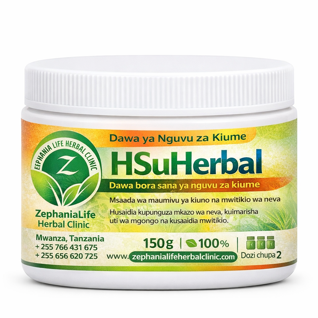 HSUHERBAL ni dawa asilia inayosaidia kutibu changamoto za nguvu za kiume zinazotokana na matatizo ya neva, kiuno, mgongo na mishipa ya fahamu. Hufanya kazi kwa kuimarisha mifumo yote na neva na misuli na kurejesha nguvu za mwili kwa ufanisi wa hali ya juu
