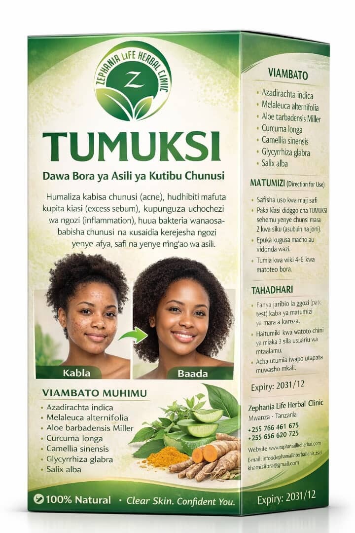 Tumuksi ni mchanganyiko wa mimea ya asili unaosaidia kupunguza chunusi za aina mbalimbali, kusafisha ngozi na kurejesha mwonekano wenye afya kwa wanawake na wanaume. 