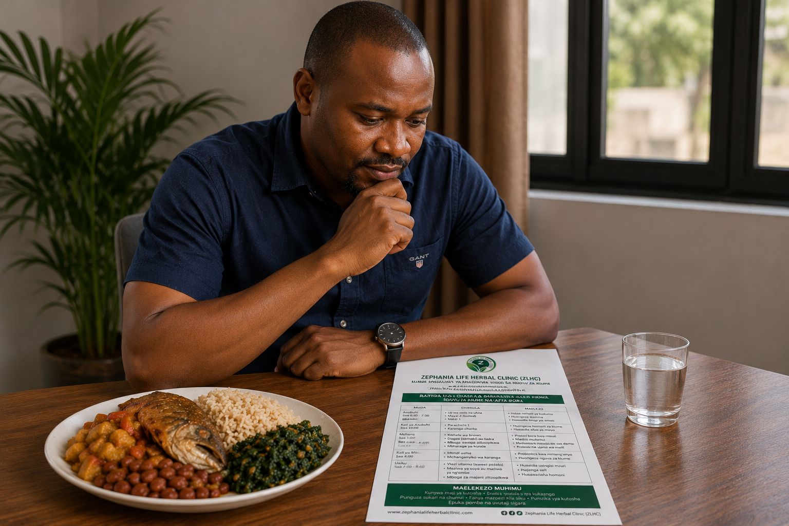 Mwanaume mwenye afya amekaa mezani akitazama kwa makini ratiba maalumu ya chakula ya ukubwa wa A4 yenye nembo ya Zephania Life Herbal Clinic (ZLHC), huku mbele yake kukiwa na chakula cha asili kilichopikwa vizuri, ikiwemo samaki, wali wa kahawia, maharage