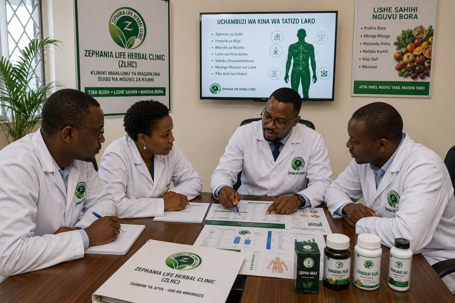 Jopo la wataalamu wa Zephania Life Herbal Clinic (ZLHC) likifanya uchambuzi wa kina wa tathmini ya mgonjwa ili kuandaa mwongozo wa lishe binafsi katika mazingira ya kitaalamu ya ofisi.