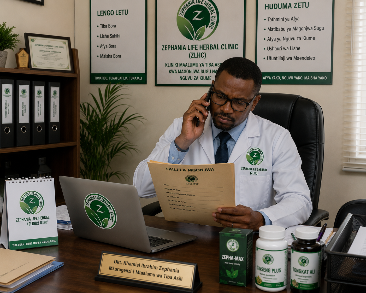 Daktari wa Zephania Life Herbal Clinic (ZLHC) akifuatilia taarifa za mgonjwa kwa simu akiwa ofisini.