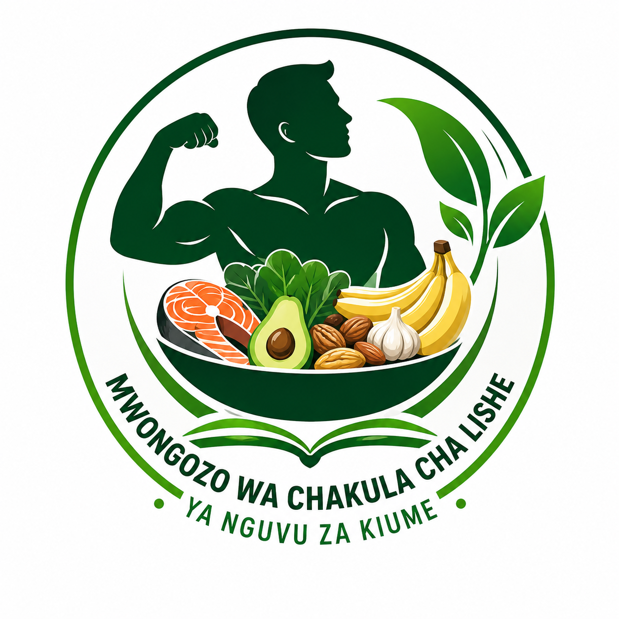 Icon ya mwongozo wa lishe ya nguvu za kiume yenye alama za chakula bora na afya.