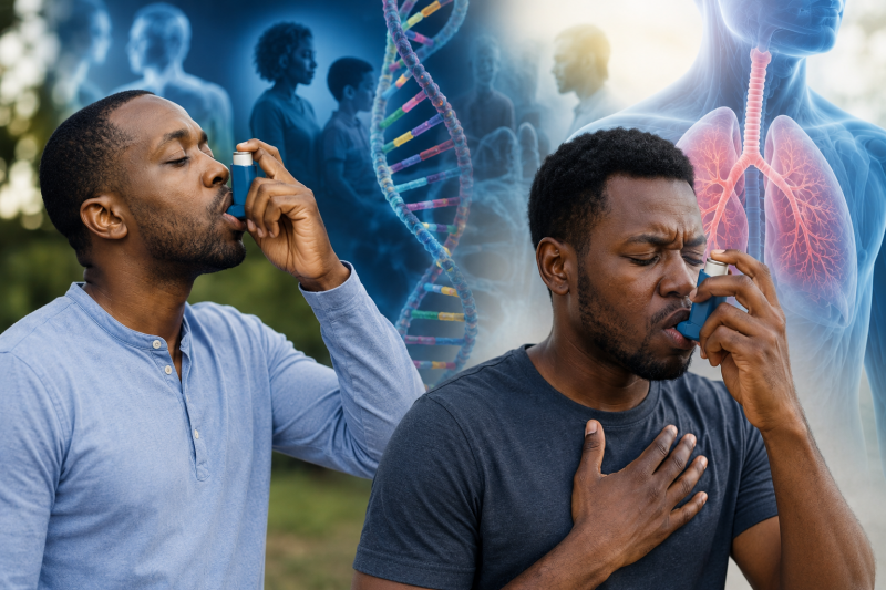 Wanaume wawili wenye pumu wakionyesha mwitikio tofauti wa ugonjwa huku mchoro wa DNA na mapafu ukiashiria mchango wa vinasaba.