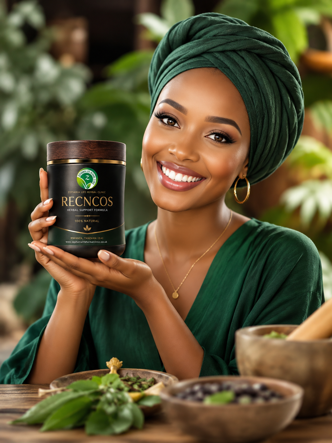 A beautiful smiling woman holding a jar of RECNCOS Herbal Support Formula, confidently presenting the natural herbal wellness product in a bright, elegant setting. The image conveys health, trust, and natural wellness without making claims about treating 
