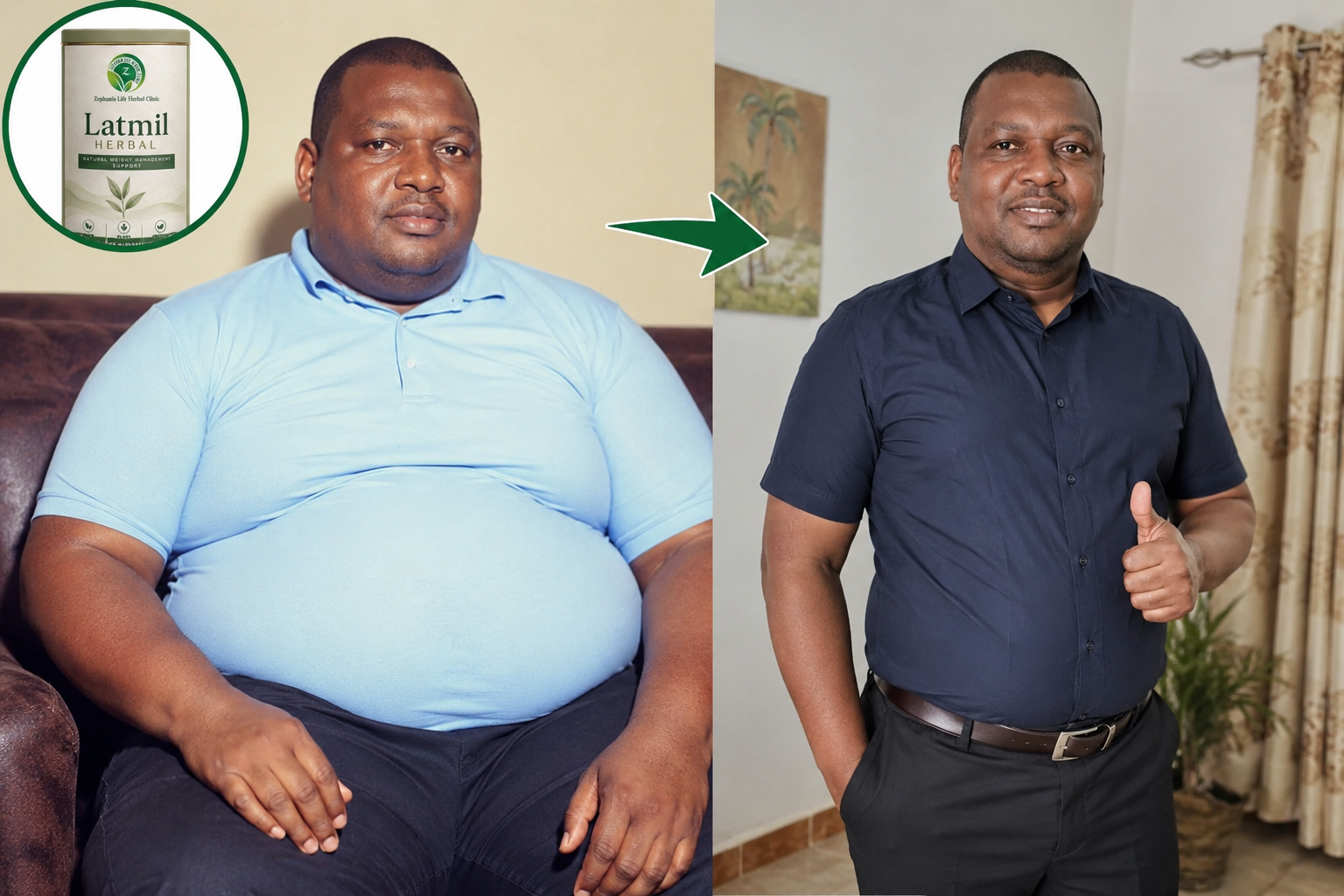 Picha ya mwanaume Mwafrika ikionyesha mabadiliko ya uzito kabla na baada ya kutumia Latmil Herbal. Upande wa kushoto ana uzito mkubwa, huku upande wa kulia akiwa amepungua uzito, anaonekana mwenye afya njema, mwenye nguvu na mwenye tabasamu. Juu kushoto 
