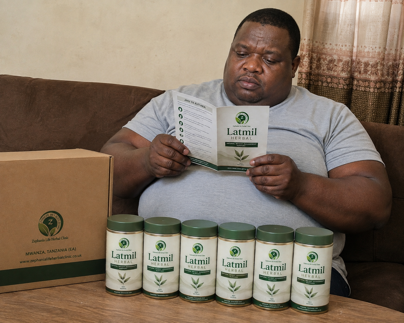 Mwanaume akisoma leaflet ya Latmil Herbal akiwa na chupa 6 na boksi la bidhaa.