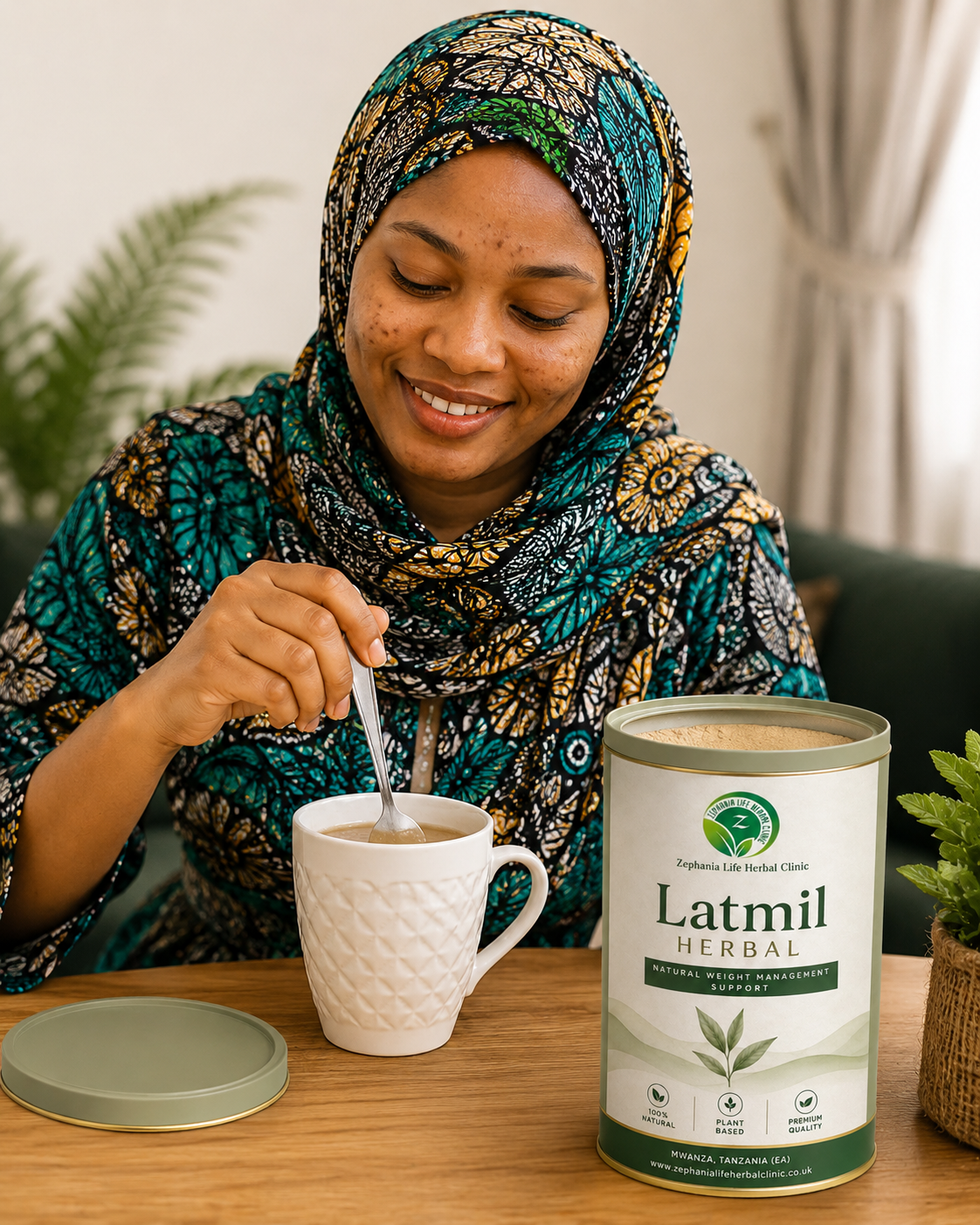 Mwanamke mwenye afya njema akikoroga Latmil kwenye chai, akitabasamu nyumbani kwa utulivu.