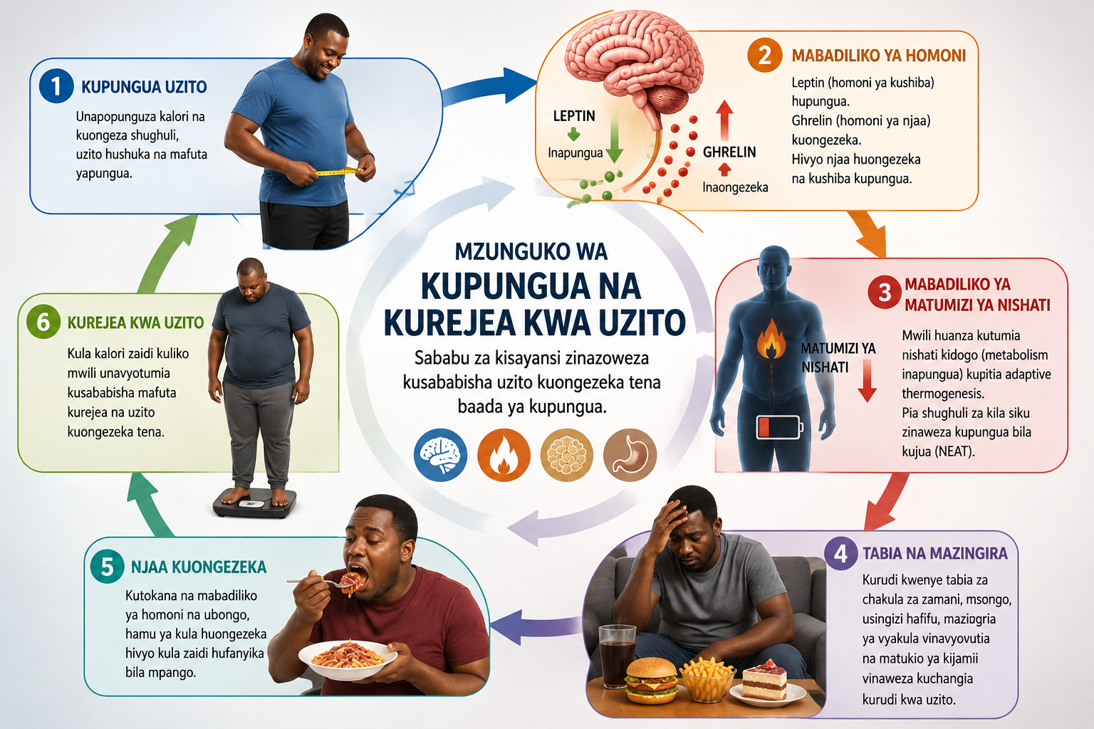 Mzunguko wa kisayansi wa kupungua na kurejea kwa uzito kutokana na mabadiliko ya homoni, njaa na matumizi ya nishati