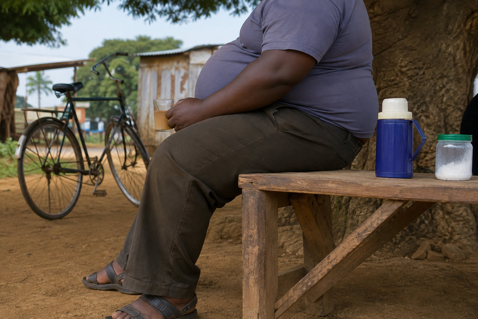 Mwanaume mnene akiwa amekaa kwenye benchi katika mazingira ya vijijini Tanzania.