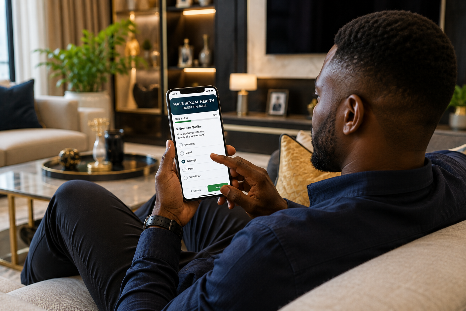 A man comfortably completing an online health questionnaire on his smartphone while sitting on a sofa in a stylish modern home.