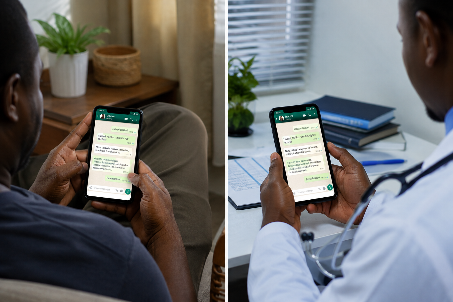 Doctor and male patient having a private health consultation through WhatsApp chat on smartphones, shown in separate settings with both focused on their phones.