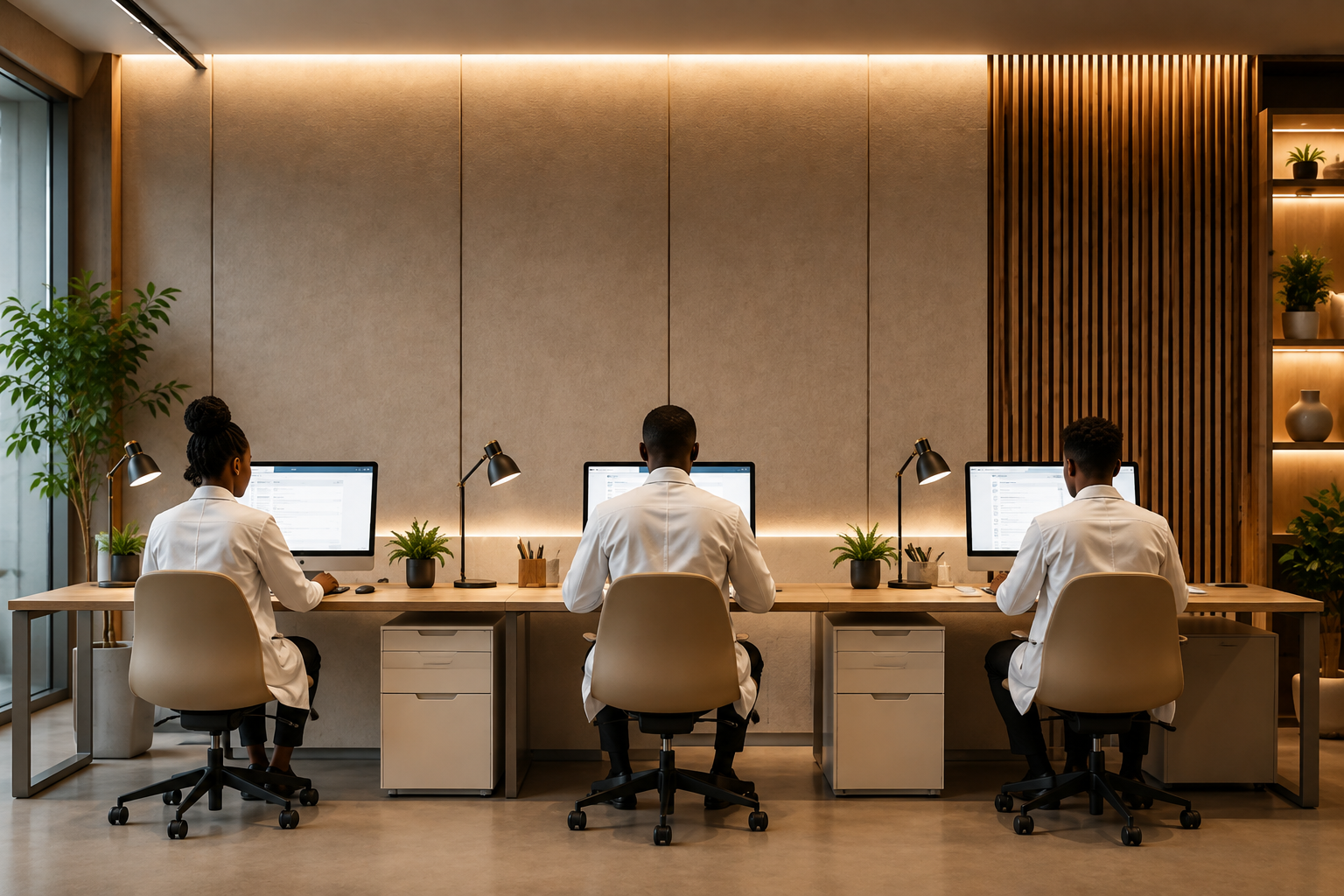 African healthcare professionals working at computers in a modern, elegant consultation office.
