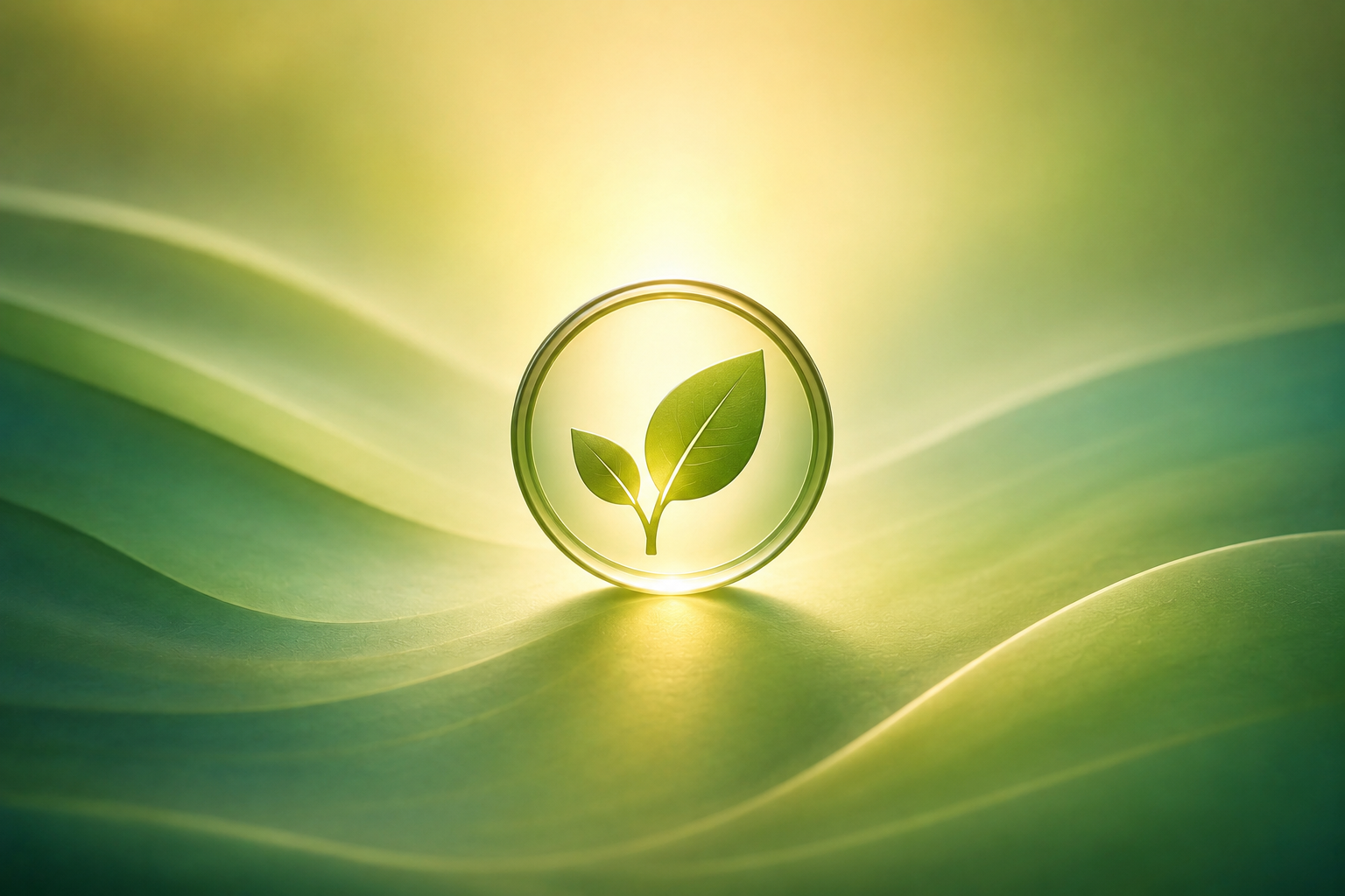 A single green wellness leaf icon glowing against a soft natural green and golden background, representing personalized health guidance and wellbeing.