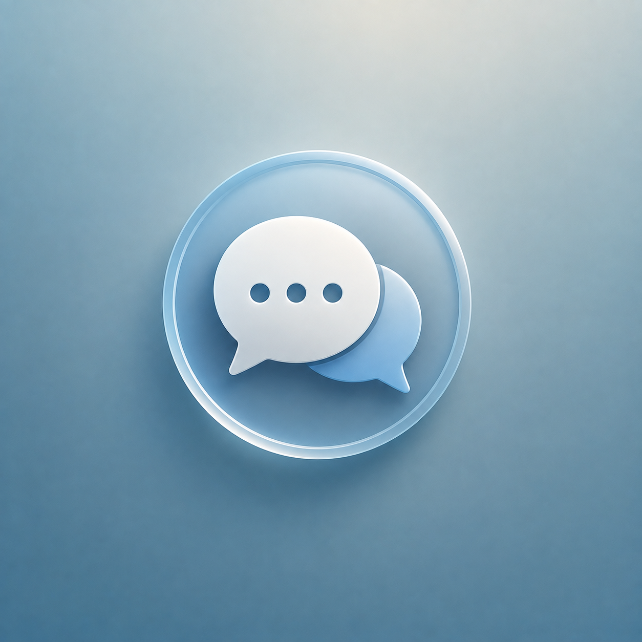 Minimalist 3D consultation icon featuring two overlapping speech bubbles on a calm blue background, representing a professional health consultation.