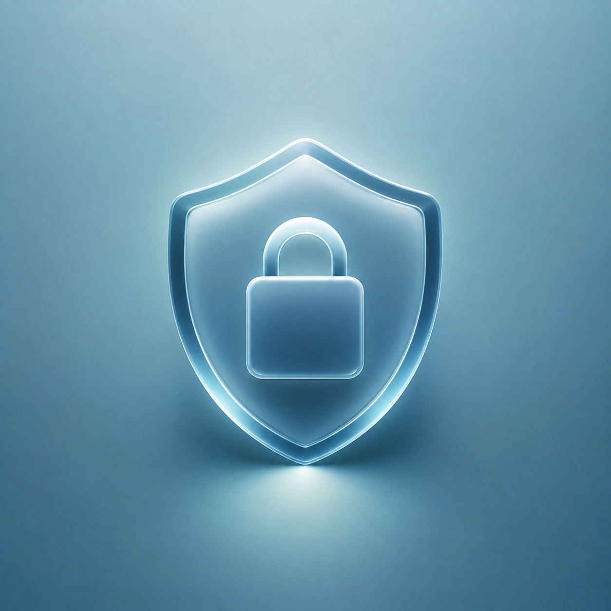 Minimalist 3D glass shield with a secure padlock on a calm blue background, representing privacy, confidentiality, and protection of personal health information.