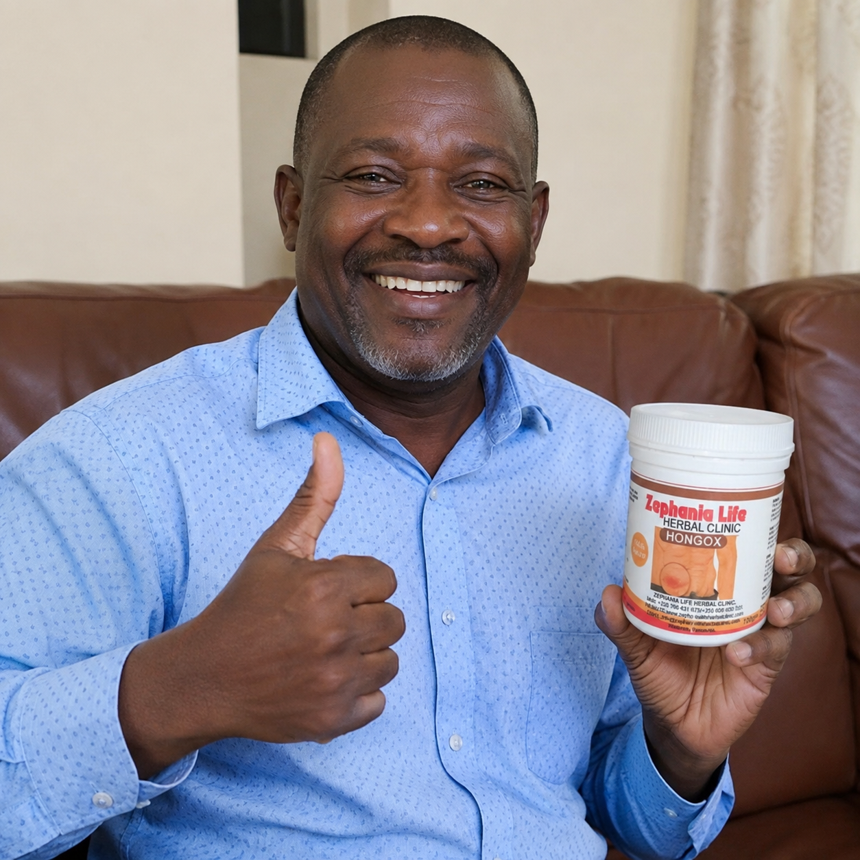Mwanaume Mwafrika mwenye furaha akishikilia bidhaa ya HONGOX ya Zephania Life Herbal Clinic na kuonyesha ishara ya dole gumba.