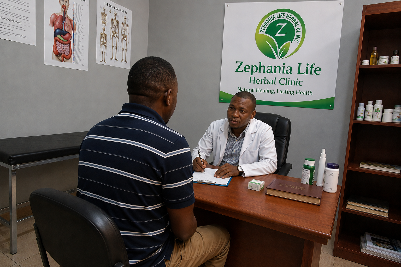 Mwanaume akizungumza na daktari katika ofisi ya Zephania Life Herbal Clinic (ZLHC), huku logo halisi ya kliniki ikiwa ukutani.