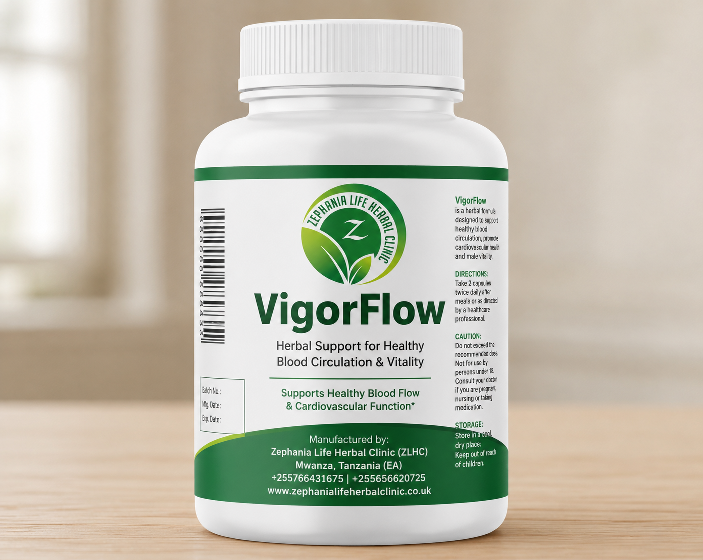 VigorFlow herbal supplement bottle by Zephania Life Herbal Clinic (ZLHC) for healthy blood circulation and vitality.