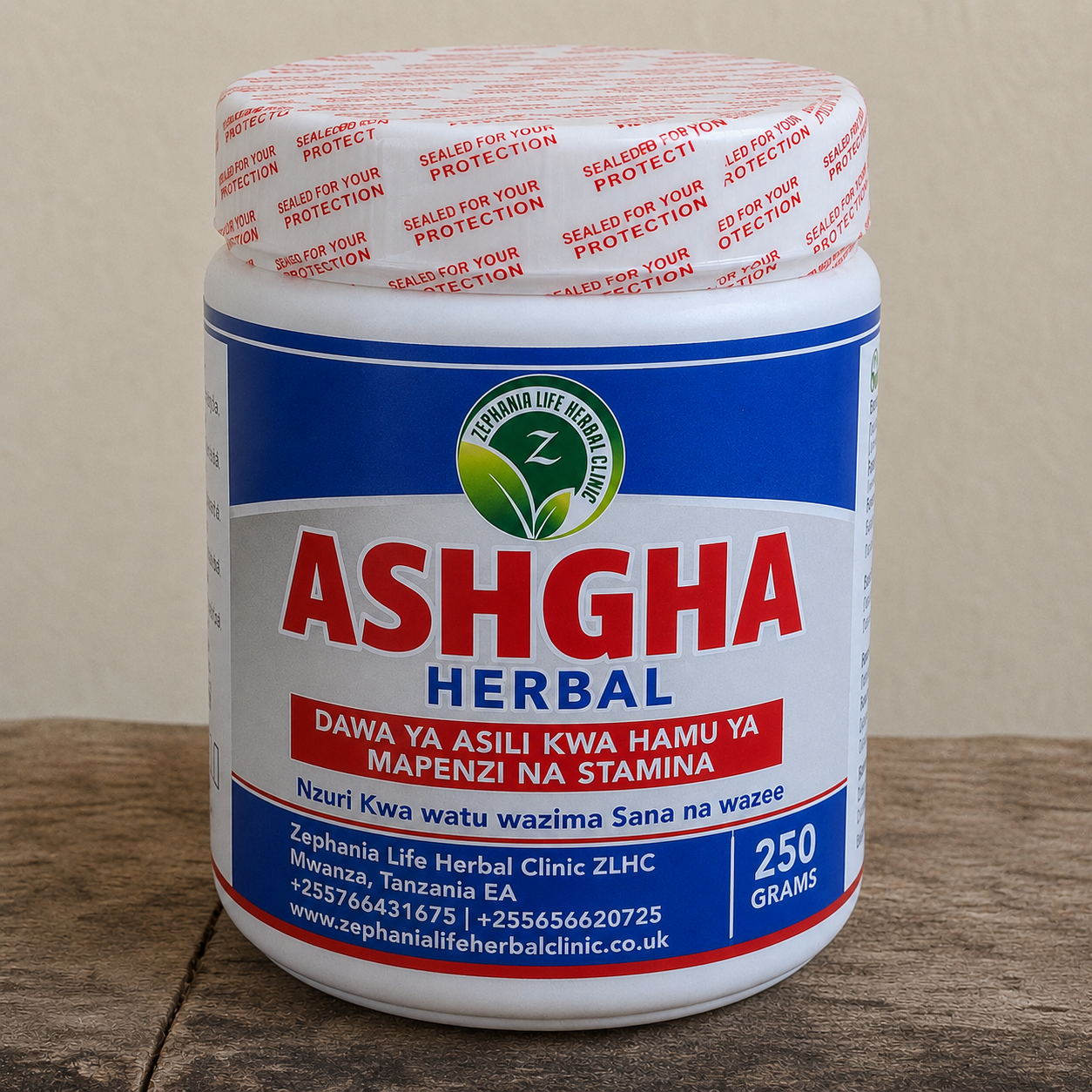 Chupa ya Ashgha Herbal ya Zephania Life Herbal Clinic (ZLHC), ikiwa na mfuniko wa karatasi ya seal, kwa matumizi ya watu wazima na wazee.