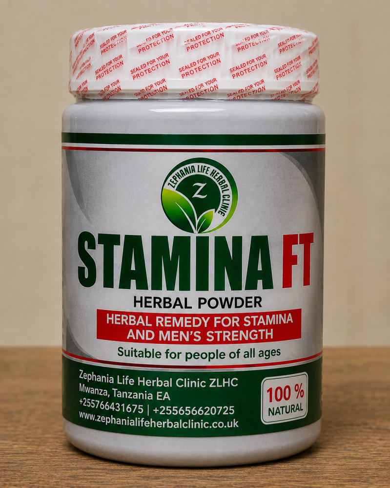 Chupa ya STAMINA FT Herbal Powder ya Zephania Life Herbal Clinic, ikiwa na seal ya usalama, muundo wa kijani, nyekundu na kijivu, na maandishi ya bidhaa kwa Kiingereza.