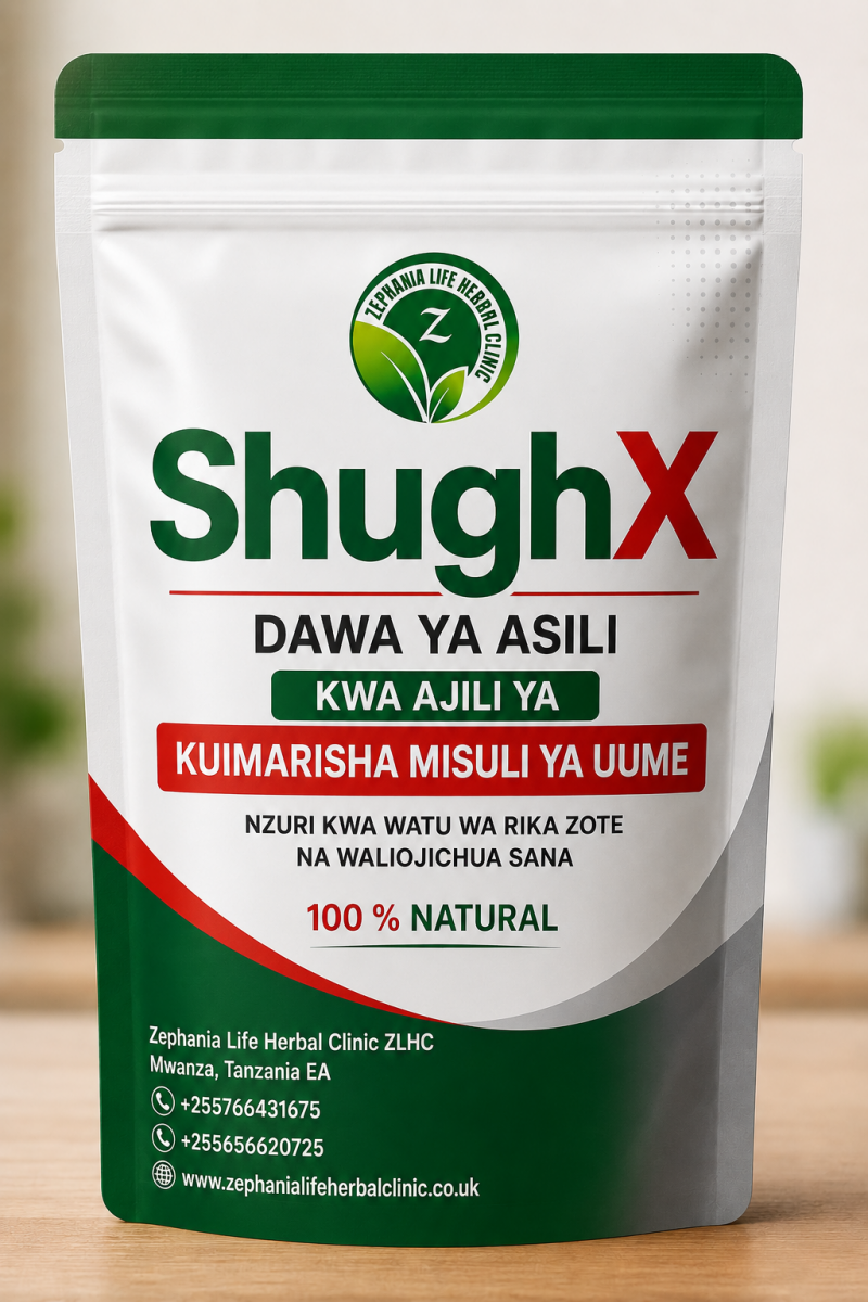 ShughX dawa ya asili ya Zephania Life Herbal Clinic kwa ajili ya kuimarisha misuli ya uume, ikiwa kwenye kifungashio cha premium chenye rangi ya kijani, nyekundu na kijivu.