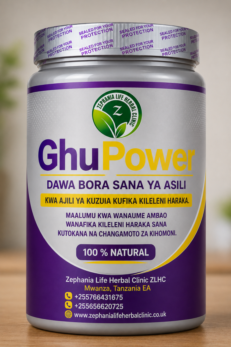 Chupa ya GhuPower ya Zephania Life Herbal Clinic, dawa ya asili inayolenga kusaidia wanaume wanaofika kileleni haraka, ikiwa na muundo wa kijivu, zambarau na njano.
