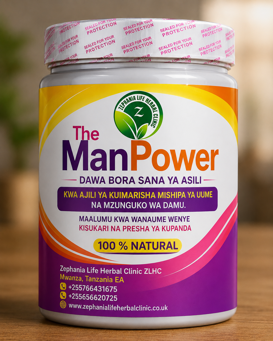 Chupa ya The ManPower ya Zephania Life Herbal Clinic, dawa ya asili inayolenga kusaidia afya ya mishipa ya uume na mzunguko wa damu, ikiwa na muundo wa njano, machungwa, zambarau na pinki.