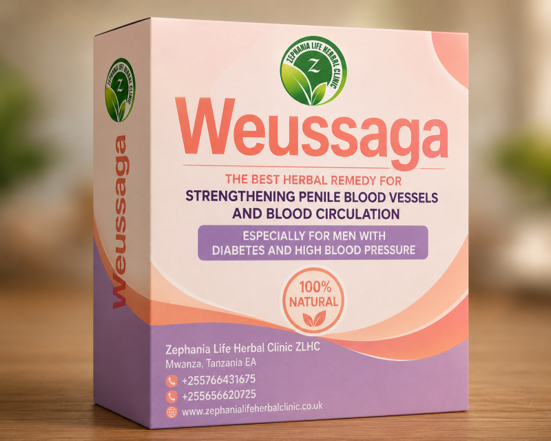 Boksi la Weussaga la Zephania Life Herbal Clinic, dawa ya asili inayolenga kusaidia afya ya mishipa ya uume na mzunguko wa damu, likiwa na muundo wa premium wa coral, peach na lavender.