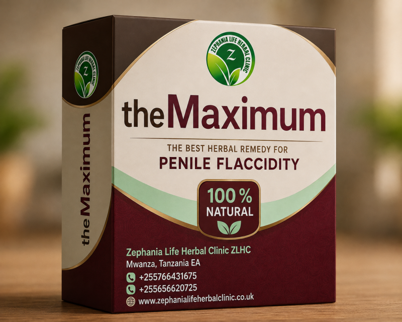Boksi la theMaximum la Zephania Life Herbal Clinic, dawa ya asili inayolenga kusaidia wanaume wenye ulegevu wa uume, likiwa na muundo wa premium wa chocolate, wine na mint green.