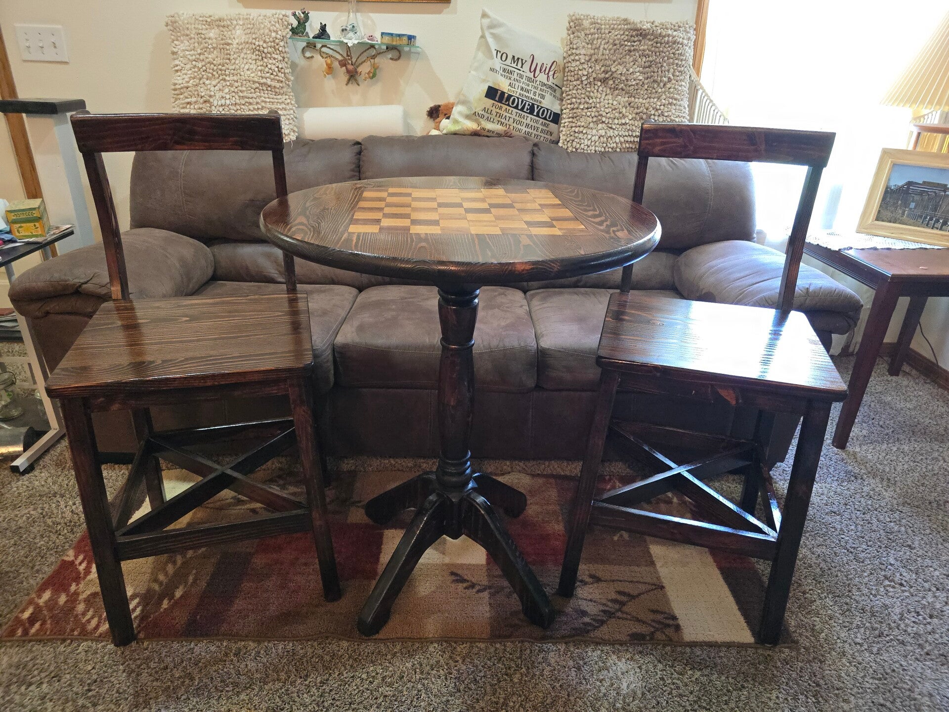 Ponderosa Pine Checkerboard Table with 2-BAR-STOOLS