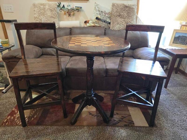 Ponderosa Pine Checkerboard Table with 2-BAR-STOOLS