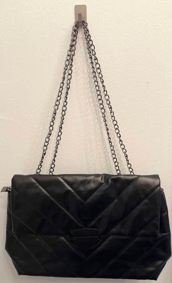 Classic: Black Faux Leather Quilted Shoulder Bag
